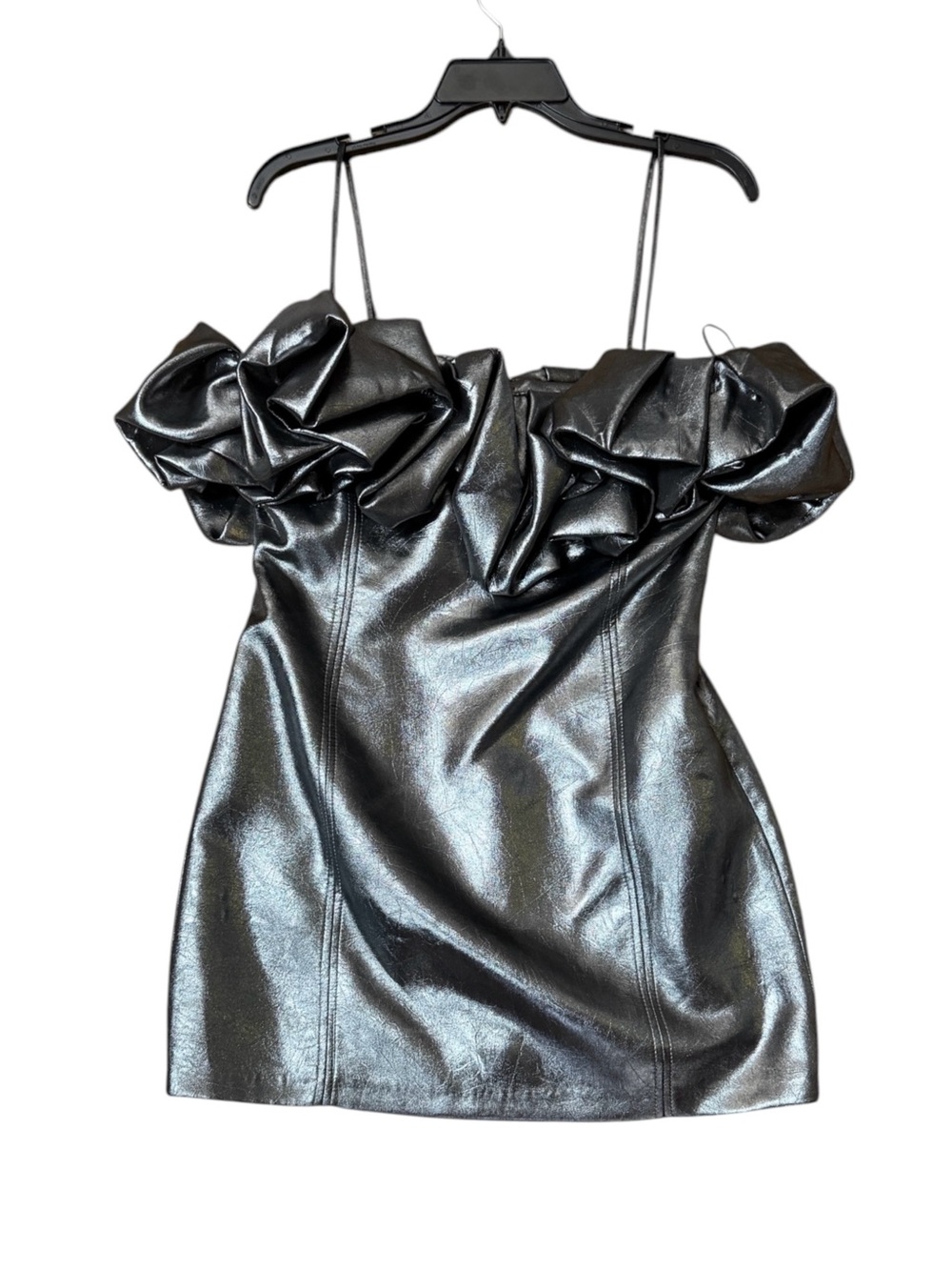 Zara Off-Shoulder Metallic Silver Mini Dress with Ruffled Bodice Size Large